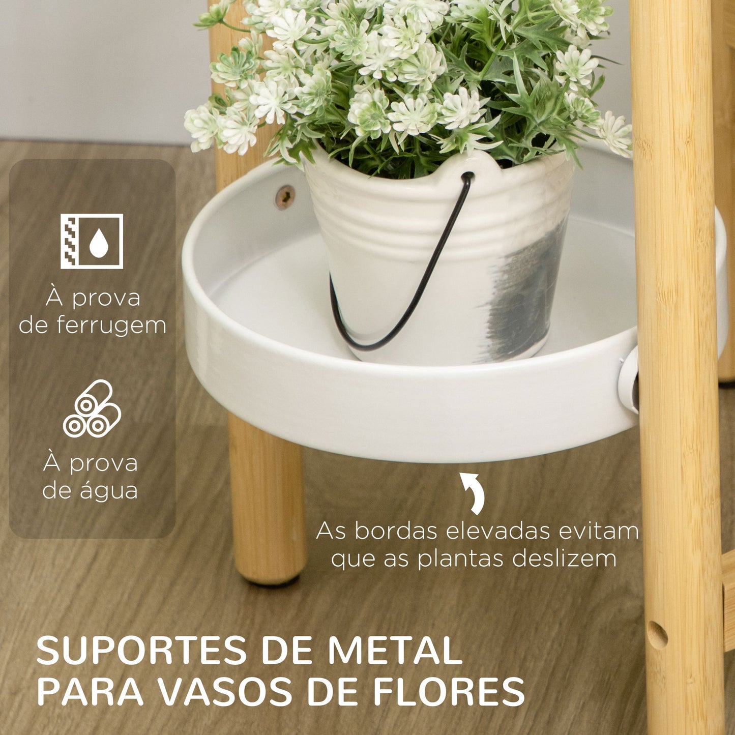 Outsunny Suporte para Plantas Prateleira para Plantas com Pés de Bambu Estante para Flores com 4 Prateleiras Redondas Carga Máxima 20 kg para Interior e Exterior Ø28x80 cm Madeira e Branco