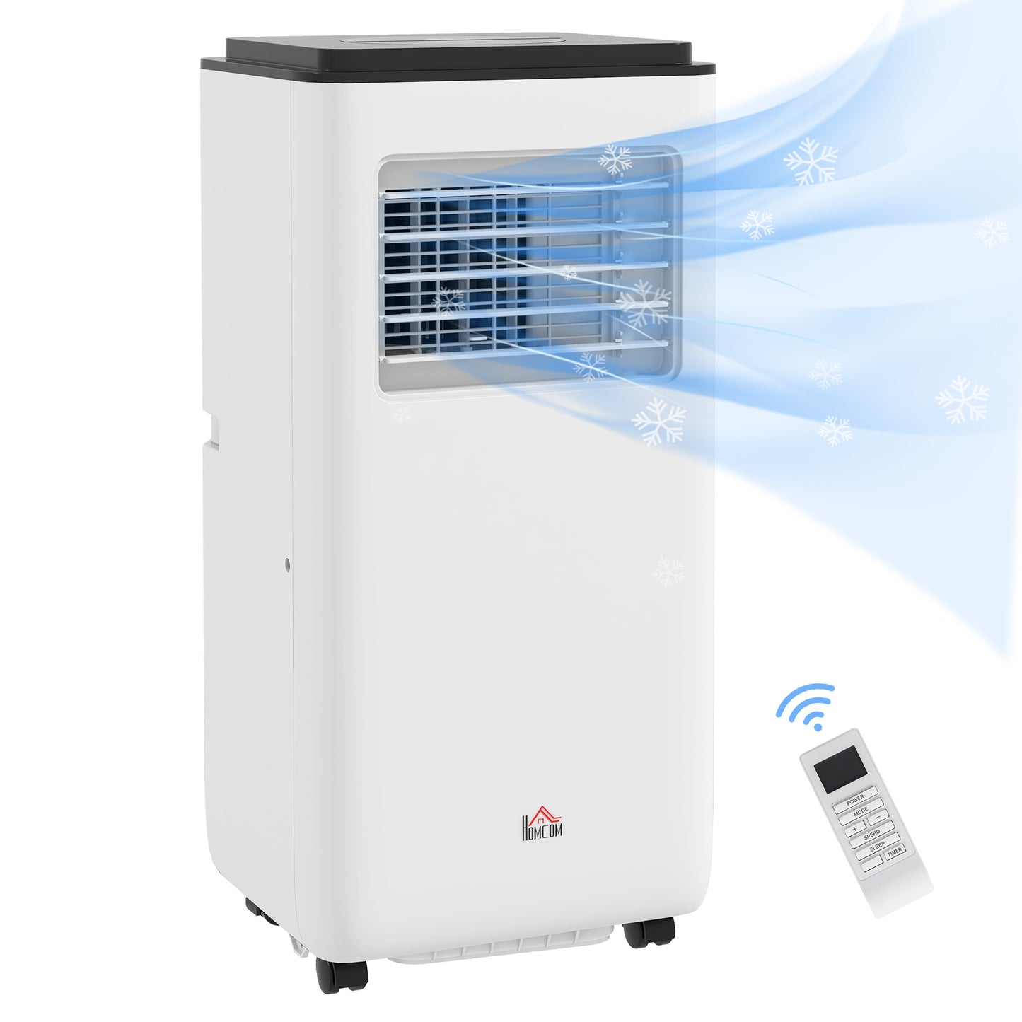 HOMCOM Ar Condicionado Portátil 10000 BTU 2900W Arrefecedor Ventilador Desumidificador 5 em 1 com Controlo Remoto Ligado/Desligado Temporizador 24h para Quarto 22m² 33x28x70,4 cm Branco