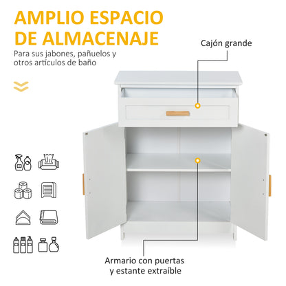 Kleankin Armário de banheiro auxiliar Mobiliário Organizador Multifuncional com gaveta Prateleira Ajustável Interna Estilo elegante 59x29x80 cm Branco