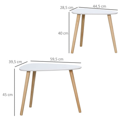 HOMCOM Conjunto de 2 Mesas Auxiliares com Pés de Madeira Mesas de Café para Sala de Estar Dormitório Escritório 59,5x39,5x45cm e 44,5x28,5x40cm Branco