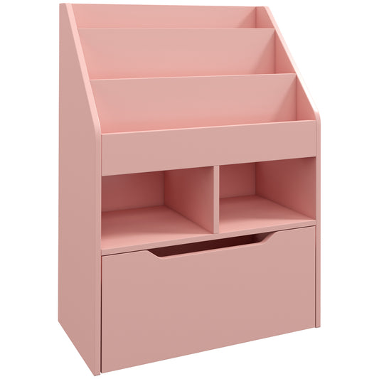 HOMCOM Estante de Madeira para Brinquedos com 3 Compartimentos 2 Prateleiras e Gaveta Móvel com 4 Rodas Estante para Livros Infantil para Dormitório Infantil Sala de Jogos 60x29,9x90 cm Rosa