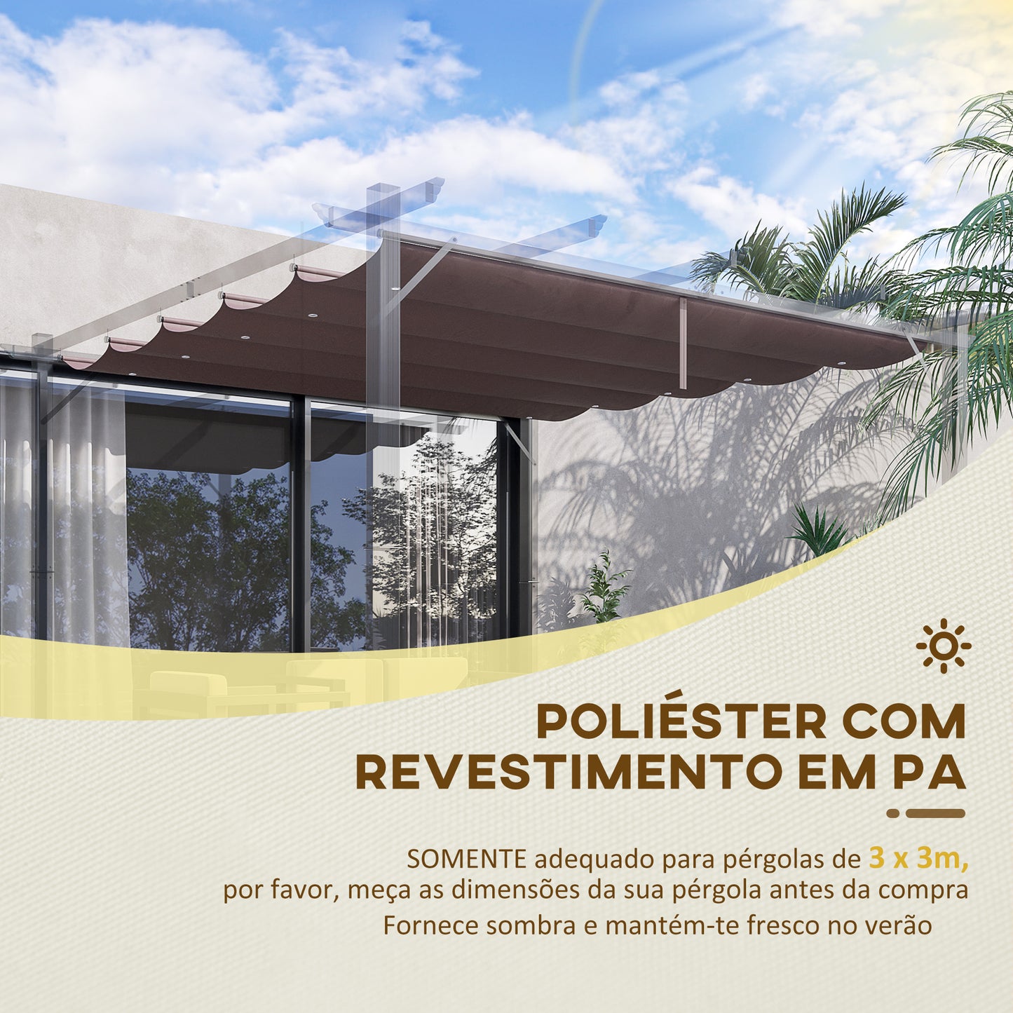 Outsunny Cobertura para Pérgola 2,5x2,55cm Teto de Substituição Retrátil para Pérgola com 10 Orifícios de Drenagem Café