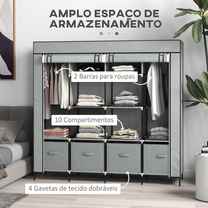 HOMCOM Roupeiro de Tecido para Dormitório Roupeiro Portátil com 10 Compartimentos 2 trilhos Suspensos e 4 Gavetas de Tecido 166x42,5x169,5 cm Cinza Escuro