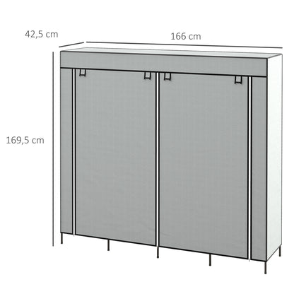 HOMCOM Roupeiro de Tecido para Dormitório Roupeiro Portátil com 10 Compartimentos 2 trilhos Suspensos e 4 Gavetas de Tecido 166x42,5x169,5 cm Cinza Escuro