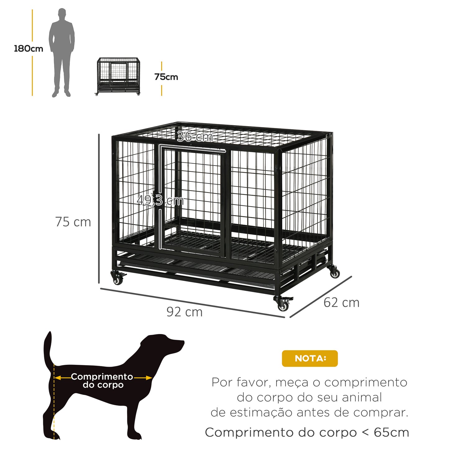 PawHut Gaiola de Metal para Cães com Rodas e Freios Bandeja Removível e Porta com Trava para Golden Retriver Labrador 92x62x75cm Preto