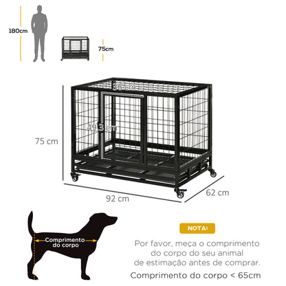 PawHut Gaiola de Metal para Cães com Rodas e Freios Bandeja Removível e Porta com Trava para Golden Retriver Labrador 92x62x75cm Preto