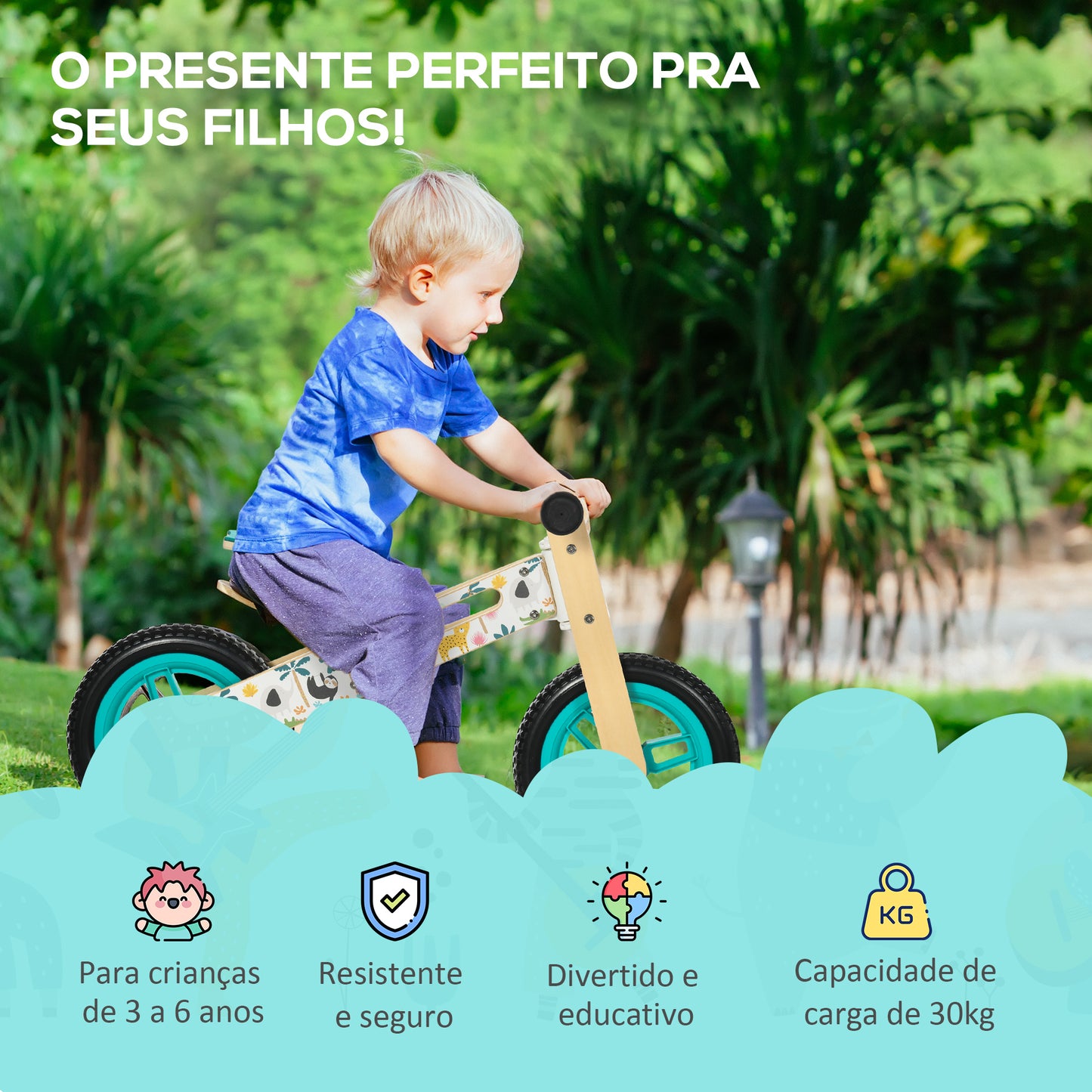 AIYAPLAY Bicicleta sem Pedais de Madeira para Crianças de 3-6 Anos com Assento Ajustável 34-40cm Bicicleta de Equilíbrio Infantil com Rodas de 12" Carga Máxima 30kg 87x37x50cm Turquesa