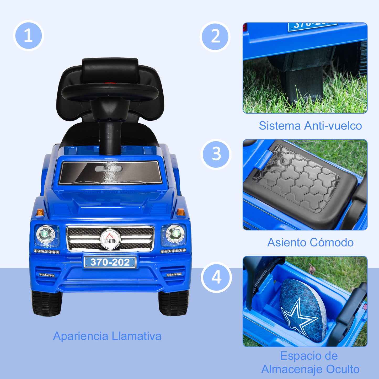 HOMCOM Carro Andador para Bebé de 18-36 Meses Carro sem Pedais com Faróis Música Buzina Compartimento de Armazenamento e Encosto Alto 68x30,5x41,5cm Azul