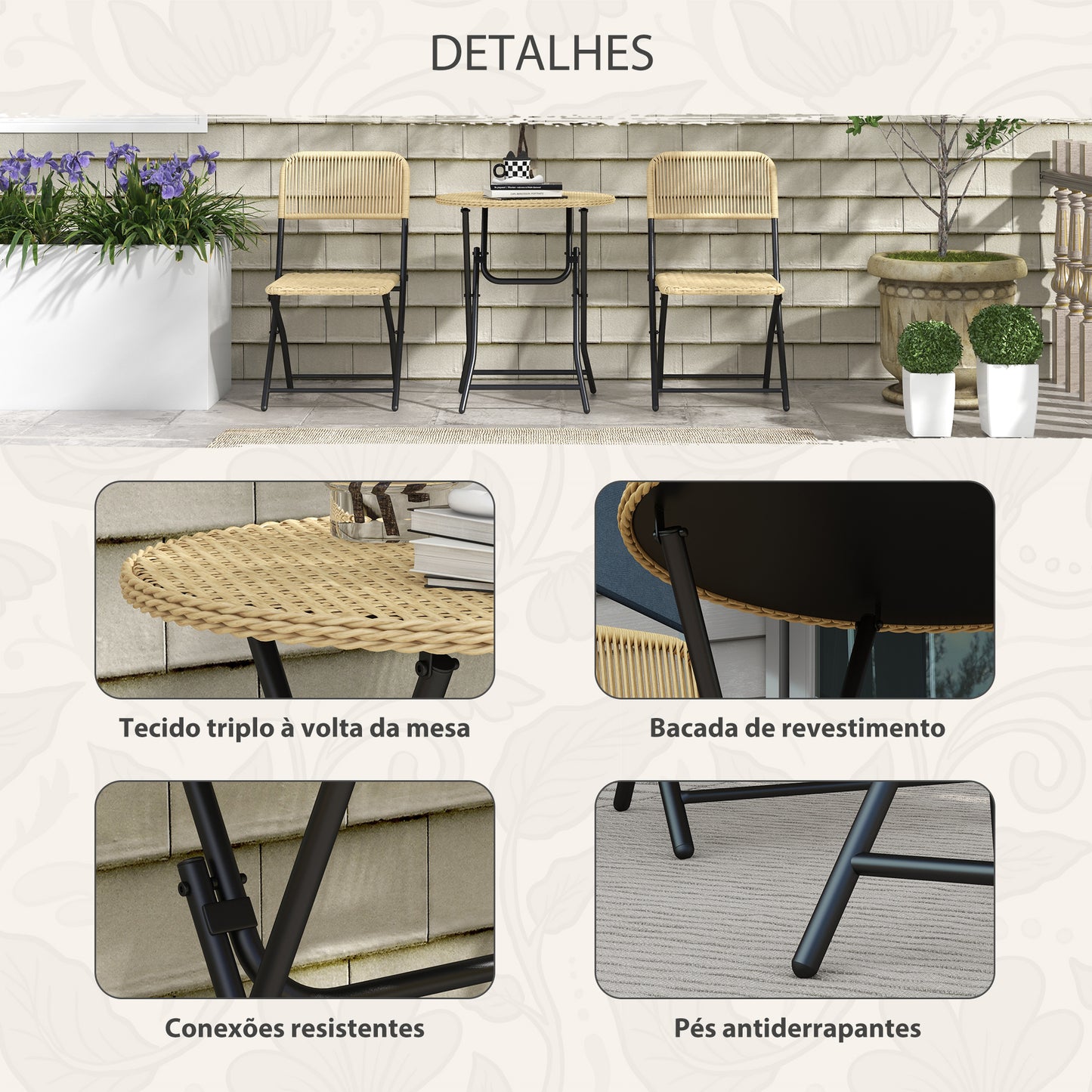 Outsunny Conjunto de Mesa e Cadeiras de Jardim de Vime Conjunto de 3 Peças Móveis de Jardim Dobrável com 2 Cadeiras e 1 Mesa Redonda para Varanda Madeira