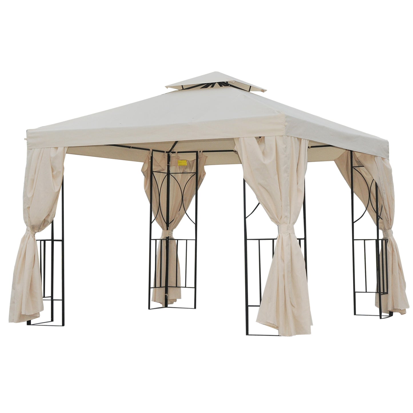 Outsunny Gazebo de jardim Pavilhão de 3 x 3 m com 4 cortinas laterais removíveis com zíper, 8 orifícios de drenagem e telhado duplo bege