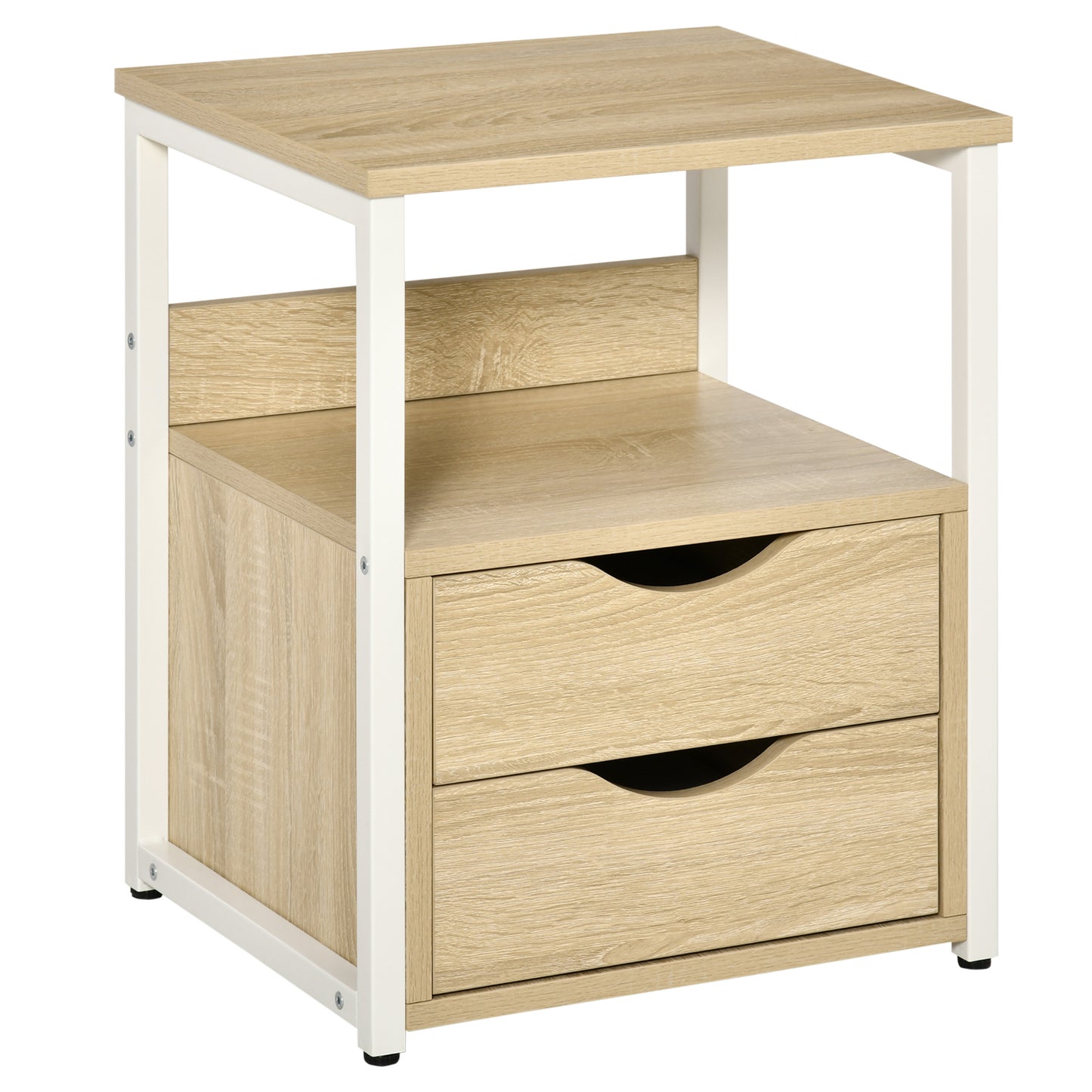 HOMCOM Mesa de Cabeceira com 2 Gavetas e Prateleira de Armazenamento Mesa Auxiliar com Estrutura de Metal para Sala de Estar Dormitório 40x35x49cm Natural