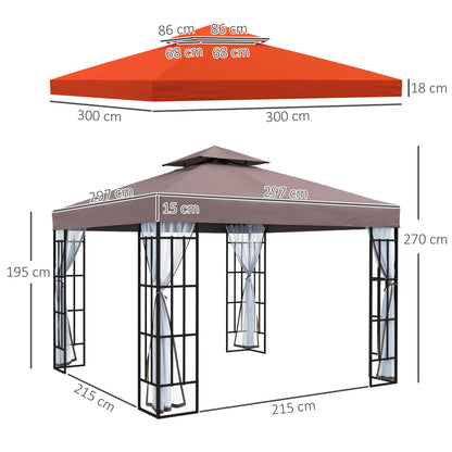 Outsunny Conjunto de 1 Pérgola de Jardim 3x3 m com Telhado Duplo, 4 Mosquiteiras Anti-UV Removíveis e 1 Telhado de Substituição para Festas, Eventos, Café e Terracota