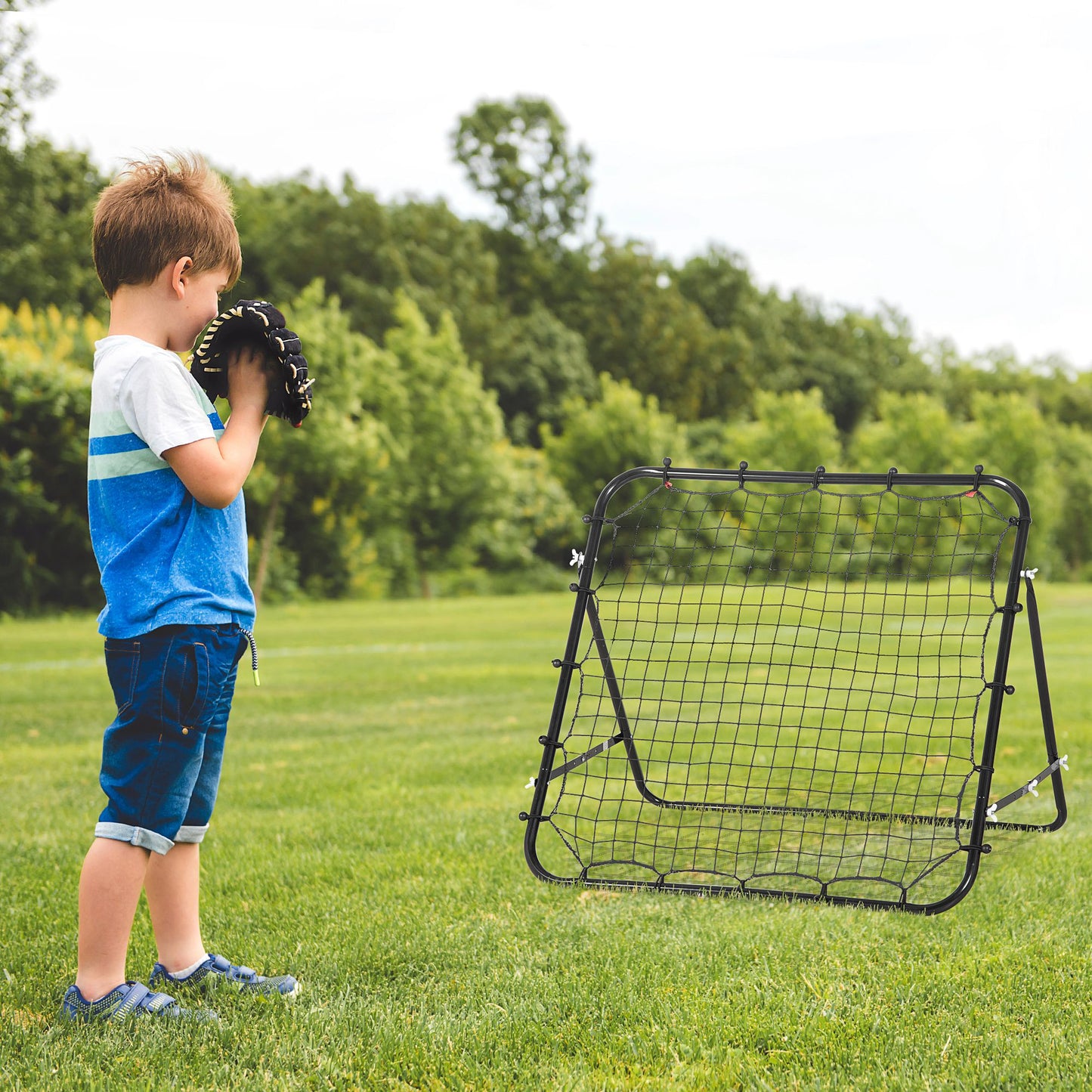 HOMCOM Rede de Rebote de Metal Rede de Rebote com Ângulo Ajustável e 20 Cordas Elásticas para Treinamento de Futebol Tenis Beisebol Desportes 96x80x96 cm Preto