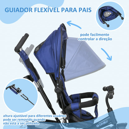 HOMCOM Triciclo para Bebés 2 em 1 Triciclo Evolutivo para Crianças de +12 Meses com Capota Dobrável Guiador Telescópico e Removível Bolsa e Porta-garrafas Azul Marrinho