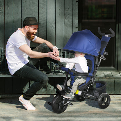 HOMCOM Triciclo para Bebés 2 em 1 Triciclo Evolutivo para Crianças de +12 Meses com Capota Dobrável Guiador Telescópico e Removível Bolsa e Porta-garrafas Azul Marrinho