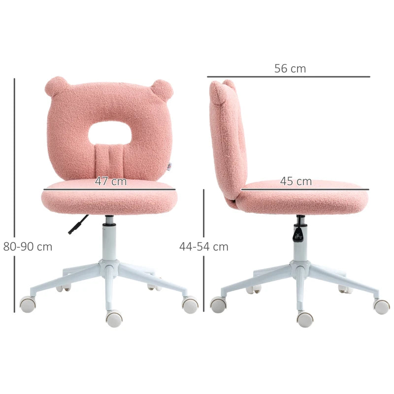 HOMCOM Cadeira de Secretária de Carneirinho Cadeira Infantil Giratória com Assento Ajustável em Altura e Encosto em Forma de Urso Capacidade 120 kg 50x56x80-90 cm Rosa