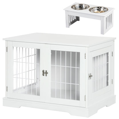 PawHut Conjunto para Animais de Estimação Gaiola para Cães de Madeira com 2 Portas e Comedouro Elevado com 2 Tigelas Amovíveis de Aço 76x54,5x56 cm 44x24x15 cm Branco