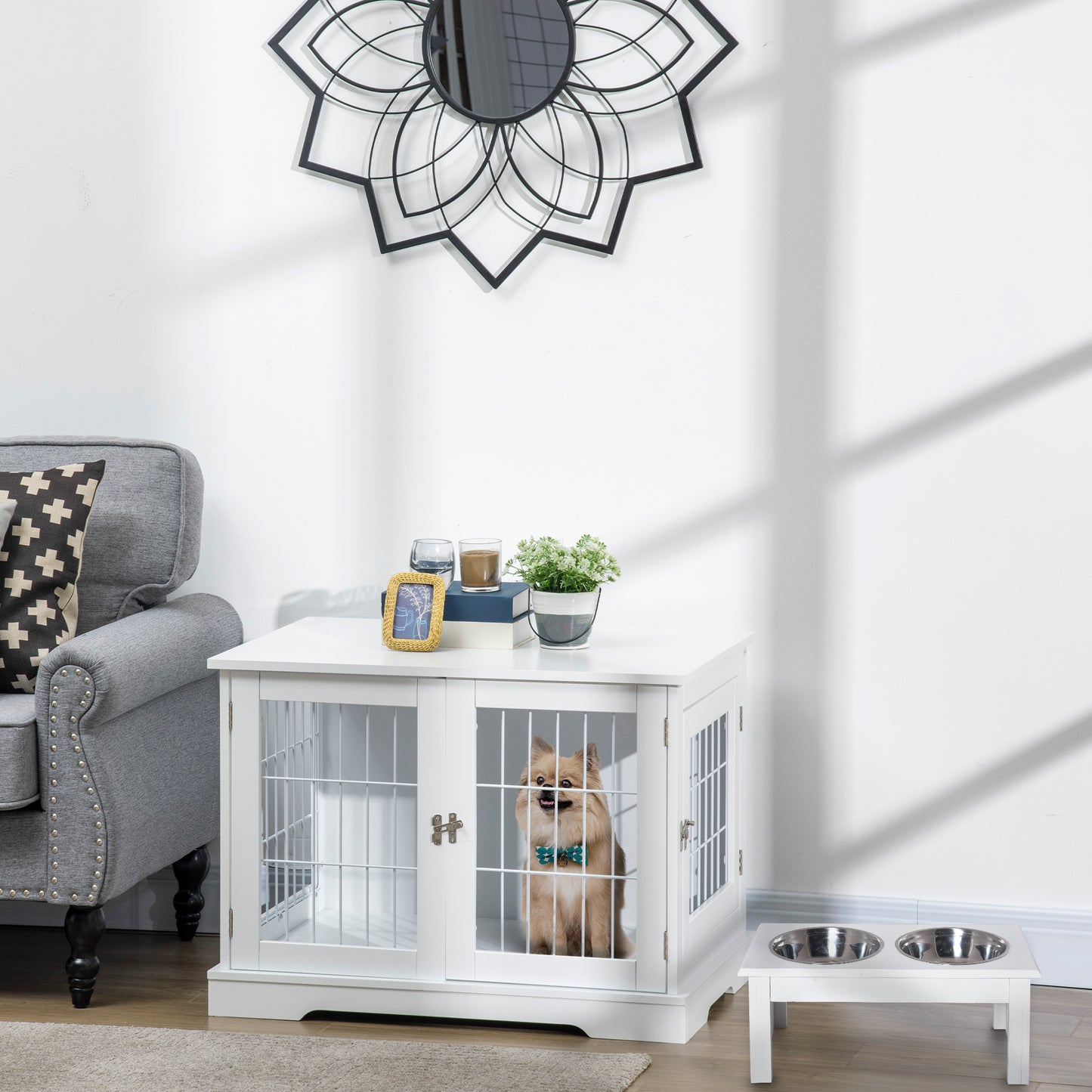 PawHut Conjunto para Animais de Estimação Gaiola para Cães de Madeira com 2 Portas e Comedouro Elevado com 2 Tigelas Amovíveis de Aço 76x54,5x56 cm 44x24x15 cm Branco