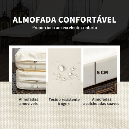 Outsunny Conjunto de 2 Espreguiçadeiras de Jardim Espreguiçadeiras de Vime Sintético com Mesa de Centro Encosto Reclinável em 5 Posições e Almofadas Suaves 196x54x32cm Preto