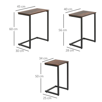 HOMCOM Conjunto de 3 Mesas Auxiliares em Forma de C Mesas de Estilo Industrial com Pés de Aço para Sala de Estar Dormitório Escritório 45x30x60cm 40x28x56cm e 34x25x50cm Marrom Rústico