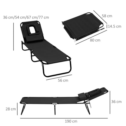 Outsunny Espreguiçadeira Dobrável com Encosto Ajustável em 4 Posições Espreguiçadeira de Jardim com Almofada Estrutura de Aço Tecido Oxford para Acampamento Praia Terraço 190x56x28cm Preto