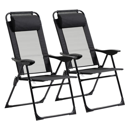 Outsunny 2 Piece Folding Patio Chairs Set, Camping Chair Set of 2 with Adjustable Sling Back, Removable Headrest, Armrest for Garden, Backyard, Lawn, Black