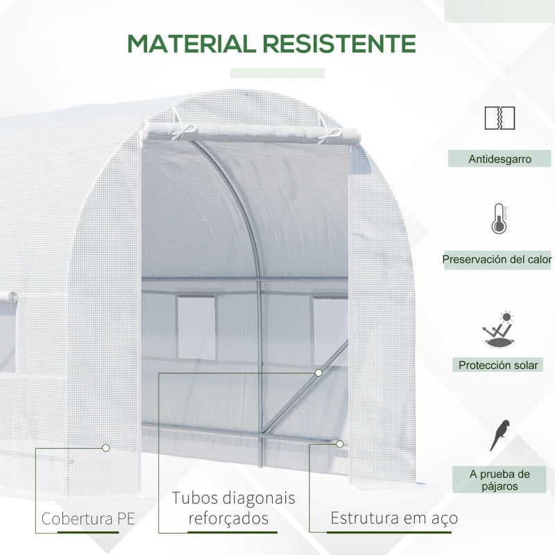 Estufa tipo Túnel 445x200x200 cm Estufa de Jardim com Porta Enrolável e 6 Janelas Cobertura de PE 140 g/m² Anti-UV Estrutura de Metal para Cultivo de Plantas Verduras Branco