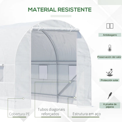 Estufa tipo Túnel 445x200x200 cm Estufa de Jardim com Porta Enrolável e 6 Janelas Cobertura de PE 140 g/m² Anti-UV Estrutura de Metal para Cultivo de Plantas Verduras Branco