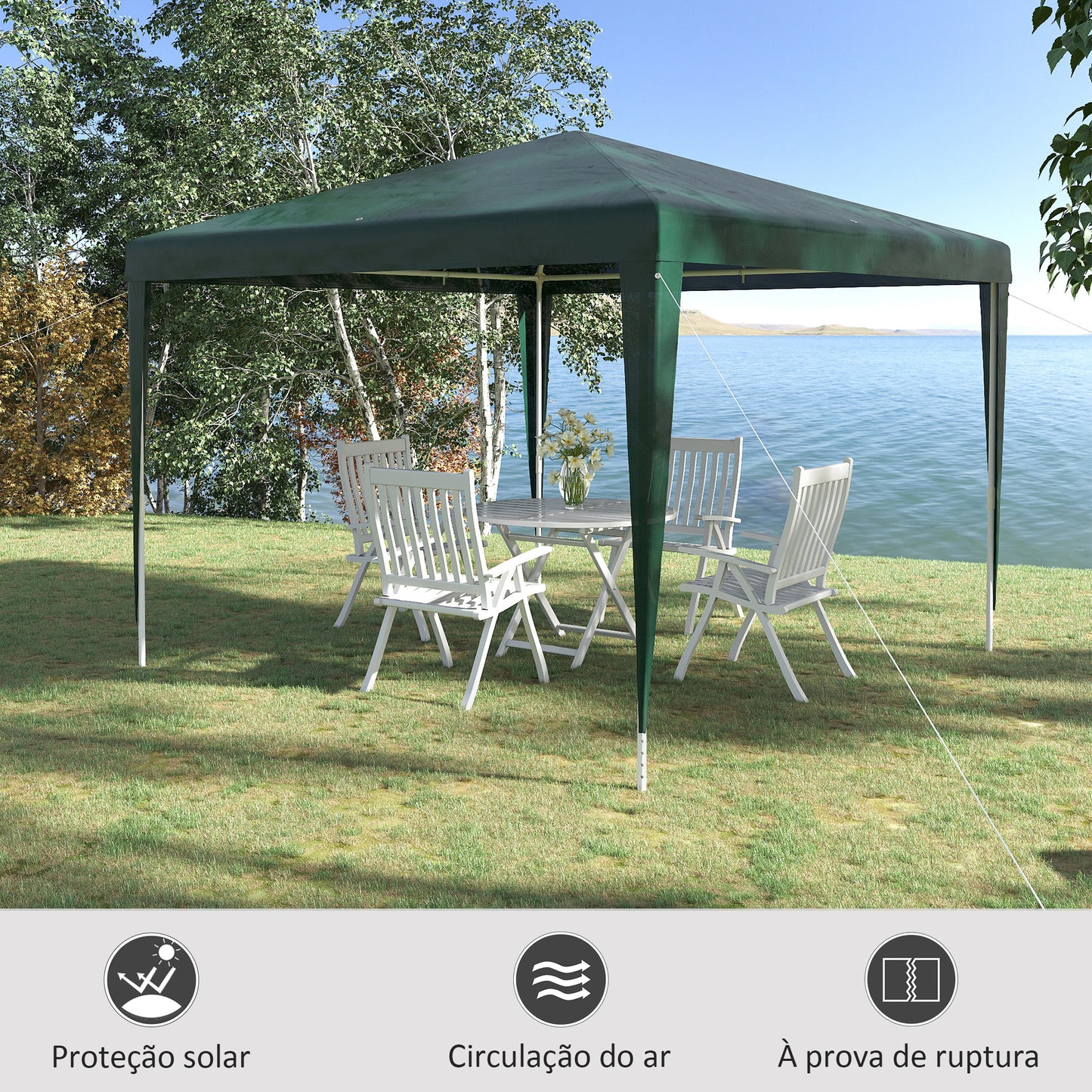 Outsunny Tenda Desmontável 3x3 m Tenda de Jardim com 4 Orifícios de Drenagem e Estrutura de Aço para Varanda Pátio Exterior Campismo Verde