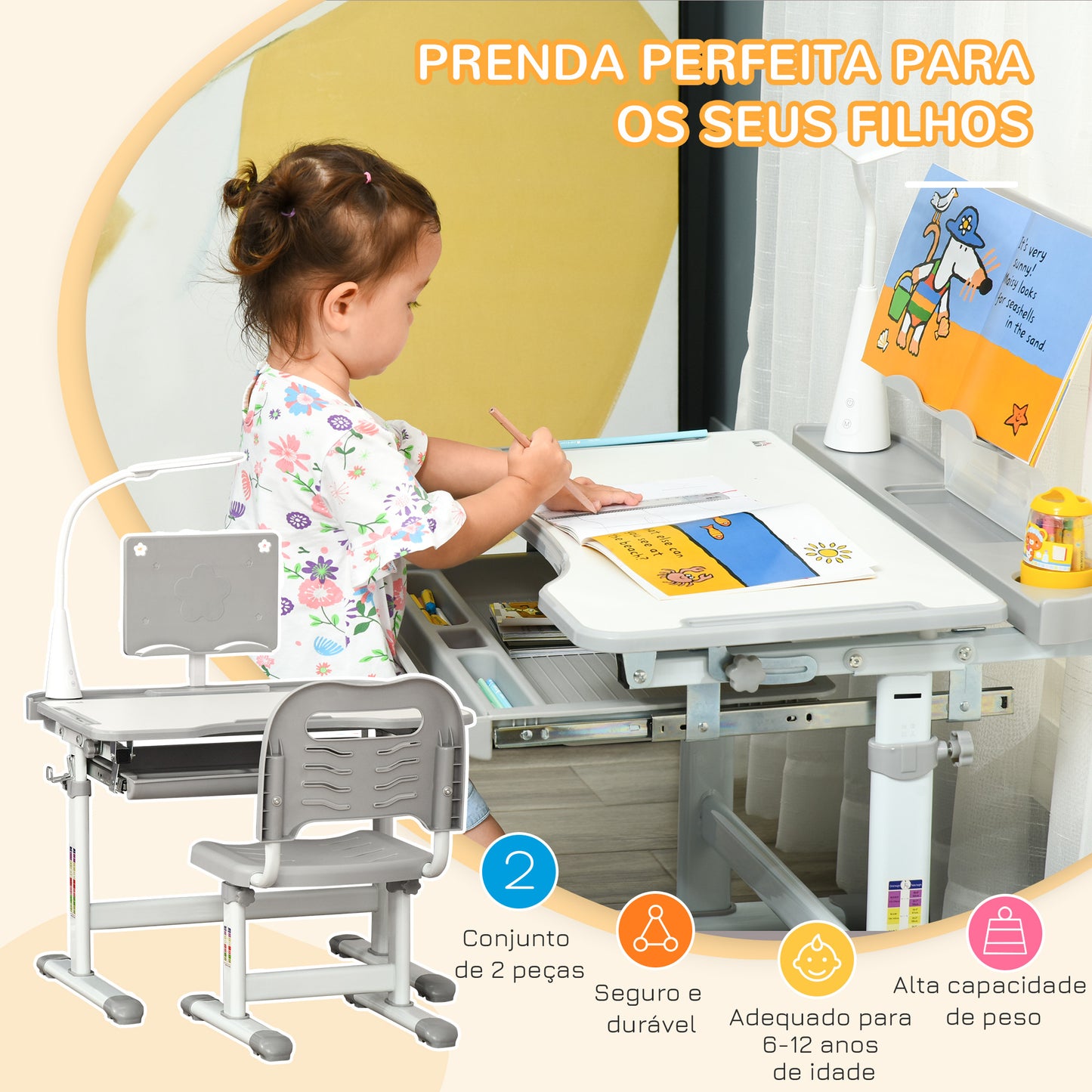 HOMCOM Conjunto de Secretária e Mesa para Crianças acima de 6 Anos Secretária Infantil com Altura Ajustável Mesa Inclinável Lâmpada Gaveta e Prateleira para Livros Cinza