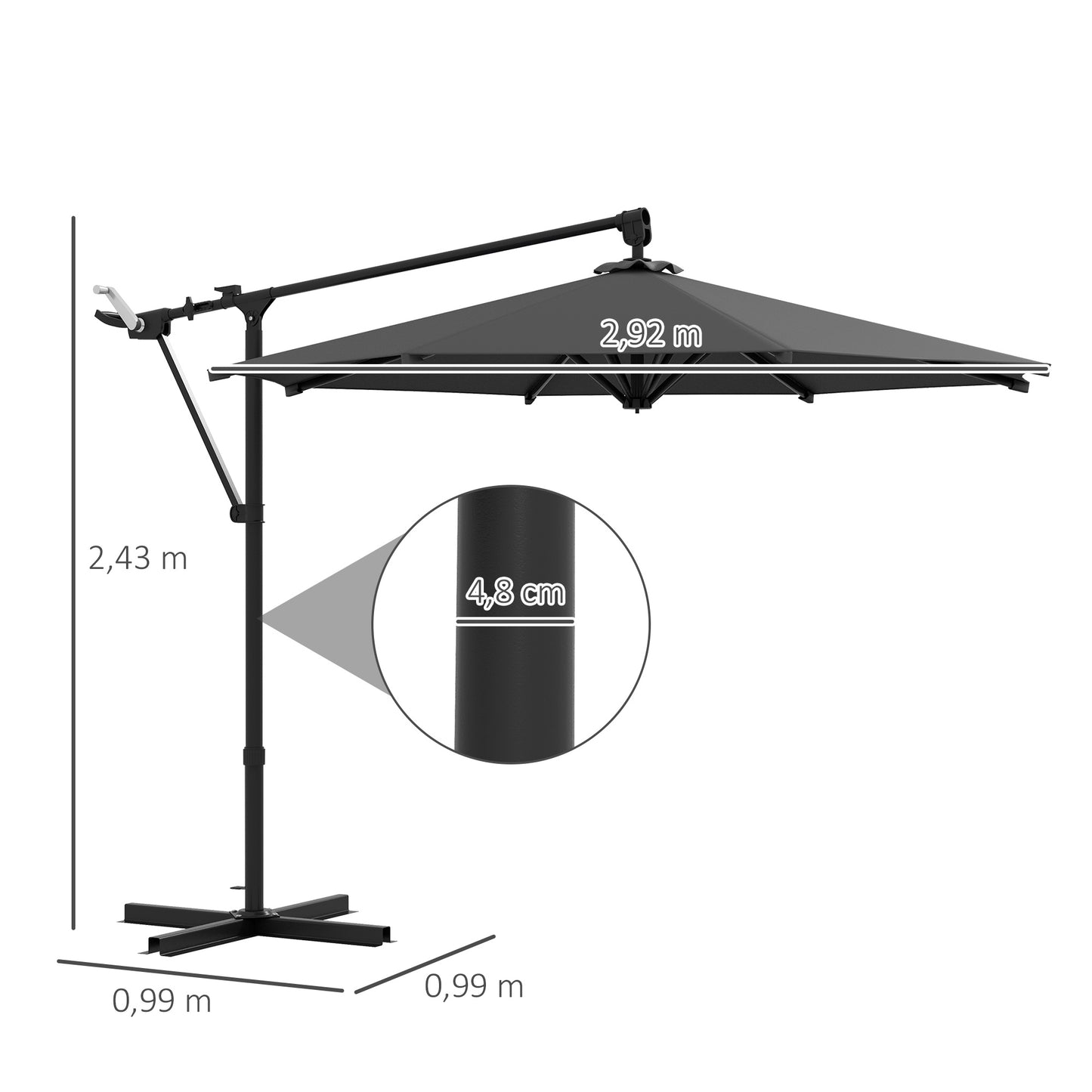 Outsunny Chapéu de Sol Excêntrico para Jardim 3x3 m Chapéu de Sol Giratório 360° com Maçaneta Manual 8 Hastes Base Cruzada e Estrutura de Aço para Terraço Pátio Varanda Cinza Escuro