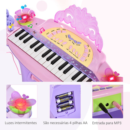 HOMCOM Piano Eléctrico Infantil 32 Teclas Piano Infantil com Microfone Banquinho Luzes Ritmos Sons MP3 Karaoke Modo Aprender Rosa