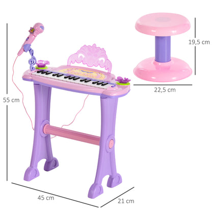 HOMCOM Piano Eléctrico Infantil 32 Teclas Piano Infantil com Microfone Banquinho Luzes Ritmos Sons MP3 Karaoke Modo Aprender Rosa