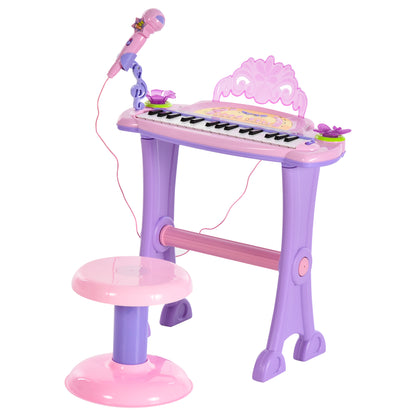 HOMCOM Piano Eléctrico Infantil 32 Teclas Piano Infantil com Microfone Banquinho Luzes Ritmos Sons MP3 Karaoke Modo Aprender Rosa