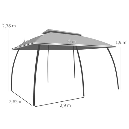 Pérgola de Jardim 3x6m com Teto Duplo com 6 Telas Mosquiteiras Zíper e Estrutura de Metal Cinza Escuro