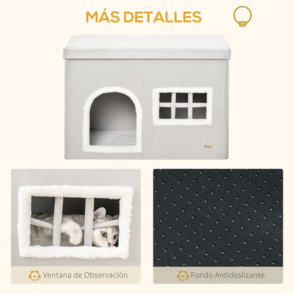 PawHut Casa Dobrável para Gatos Caverna para Gatos com Almofadas de Pelúcia Suave Tampa Removível 2 Entradas e Janela 71x42x49cm Cinza Claro