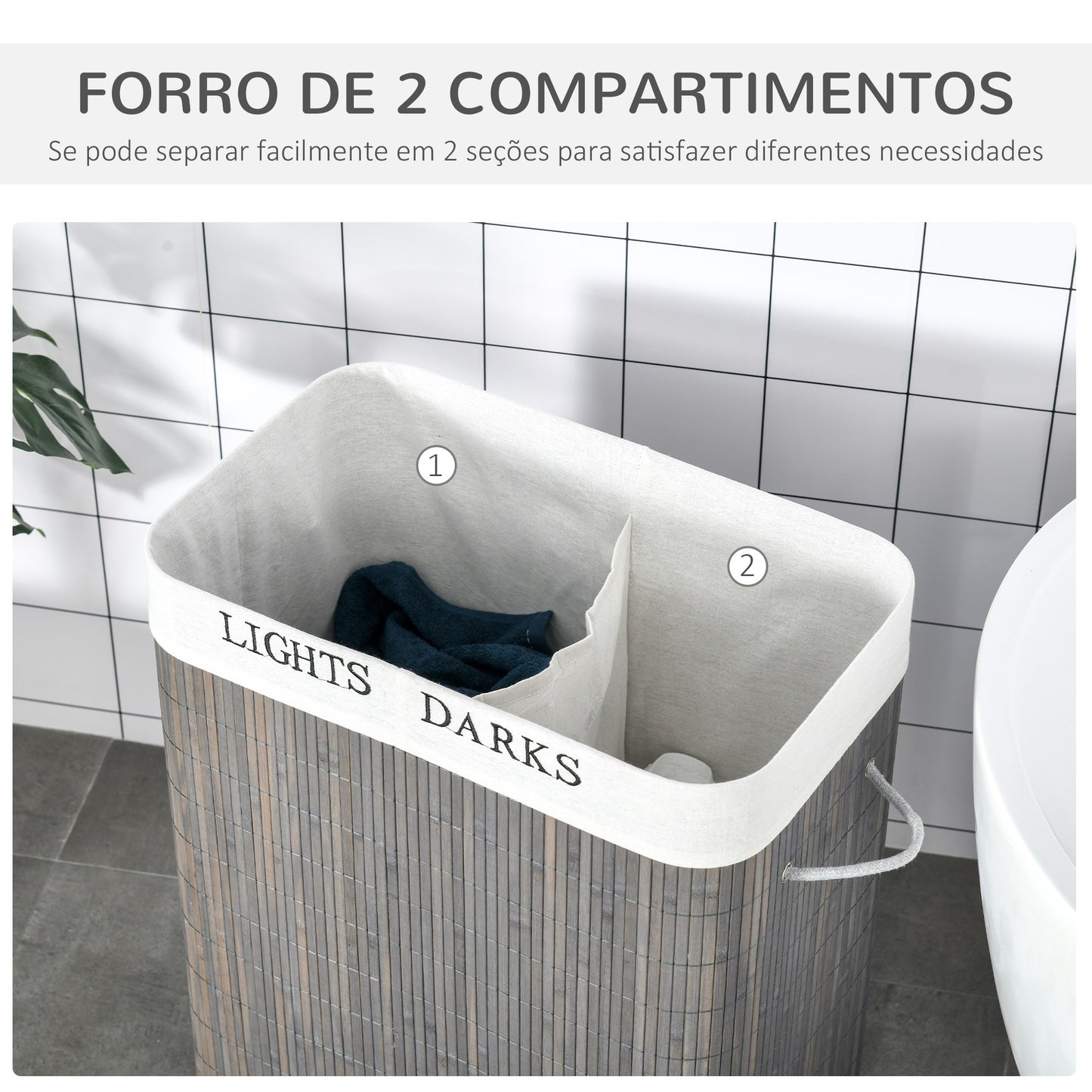 HOMCOM Cesto para Roupa Suja de Bambú Capacidade de 100L Cesta para Roupa Suja Retangular com Tampa Removível Bolsa com 2 Compartimentos 52x32x63 cm Cinza