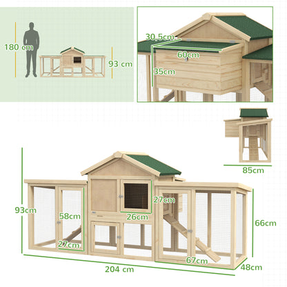 Pawhut Gallinero Grande de Madera 204x85x93 cm Jaula para 2-4 Gallinas Gallinero con Nido Bandeja Extraíble Techo de Asfalto y Rampa para Exterior Natural