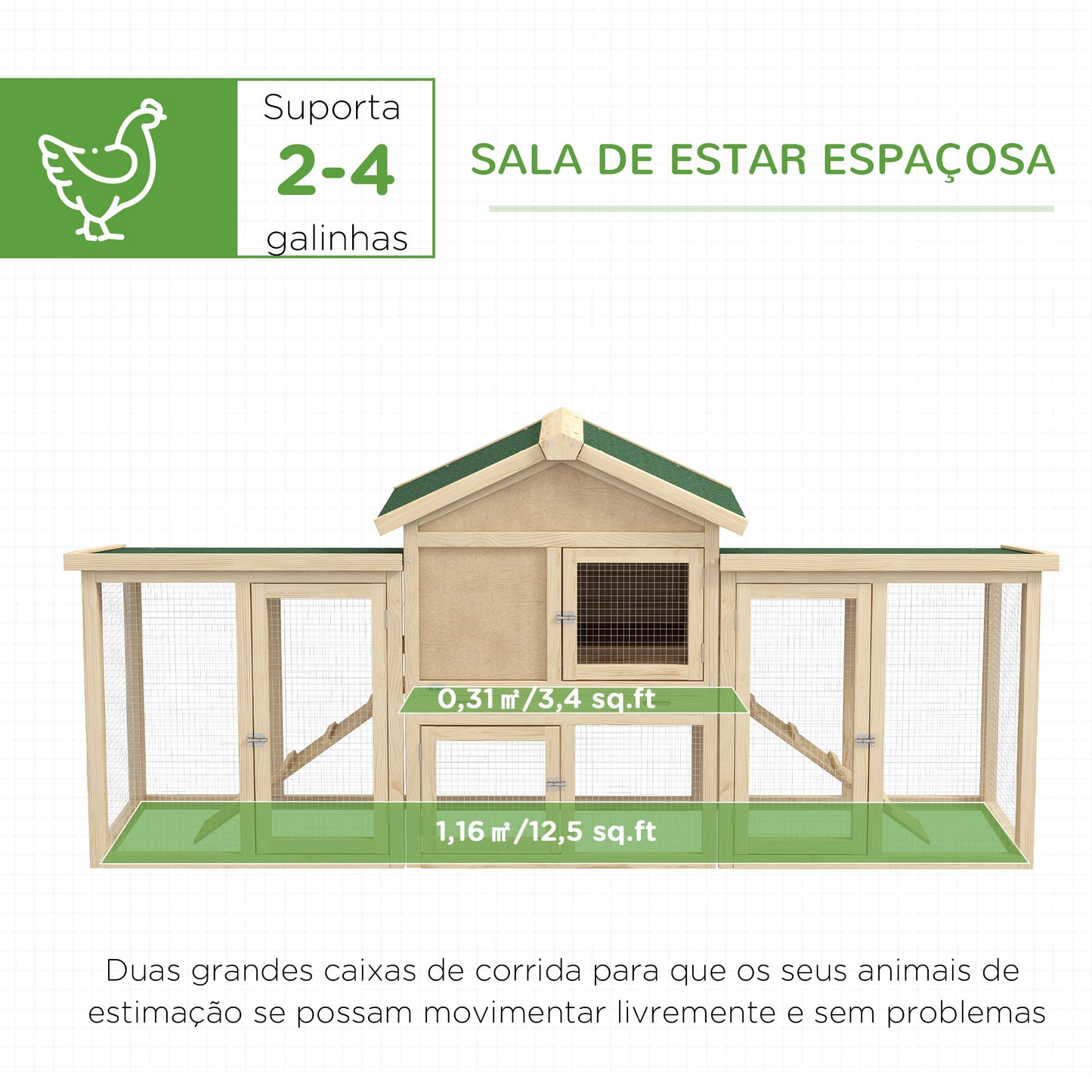 Pawhut Gallinero Grande de Madera 204x85x93 cm Jaula para 2-4 Gallinas Gallinero con Nido Bandeja Extraíble Techo de Asfalto y Rampa para Exterior Natural