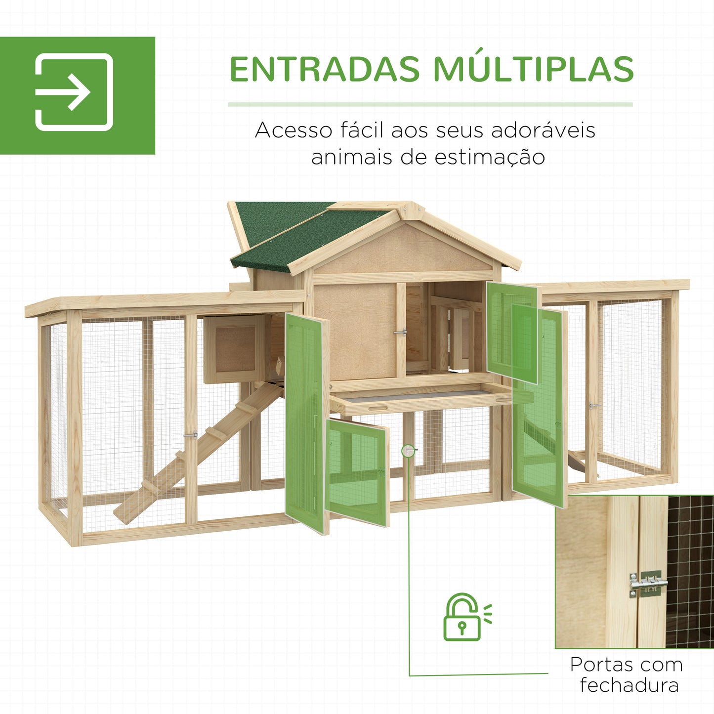 Pawhut Gallinero Grande de Madera 204x85x93 cm Jaula para 2-4 Gallinas Gallinero con Nido Bandeja Extraíble Techo de Asfalto y Rampa para Exterior Natural