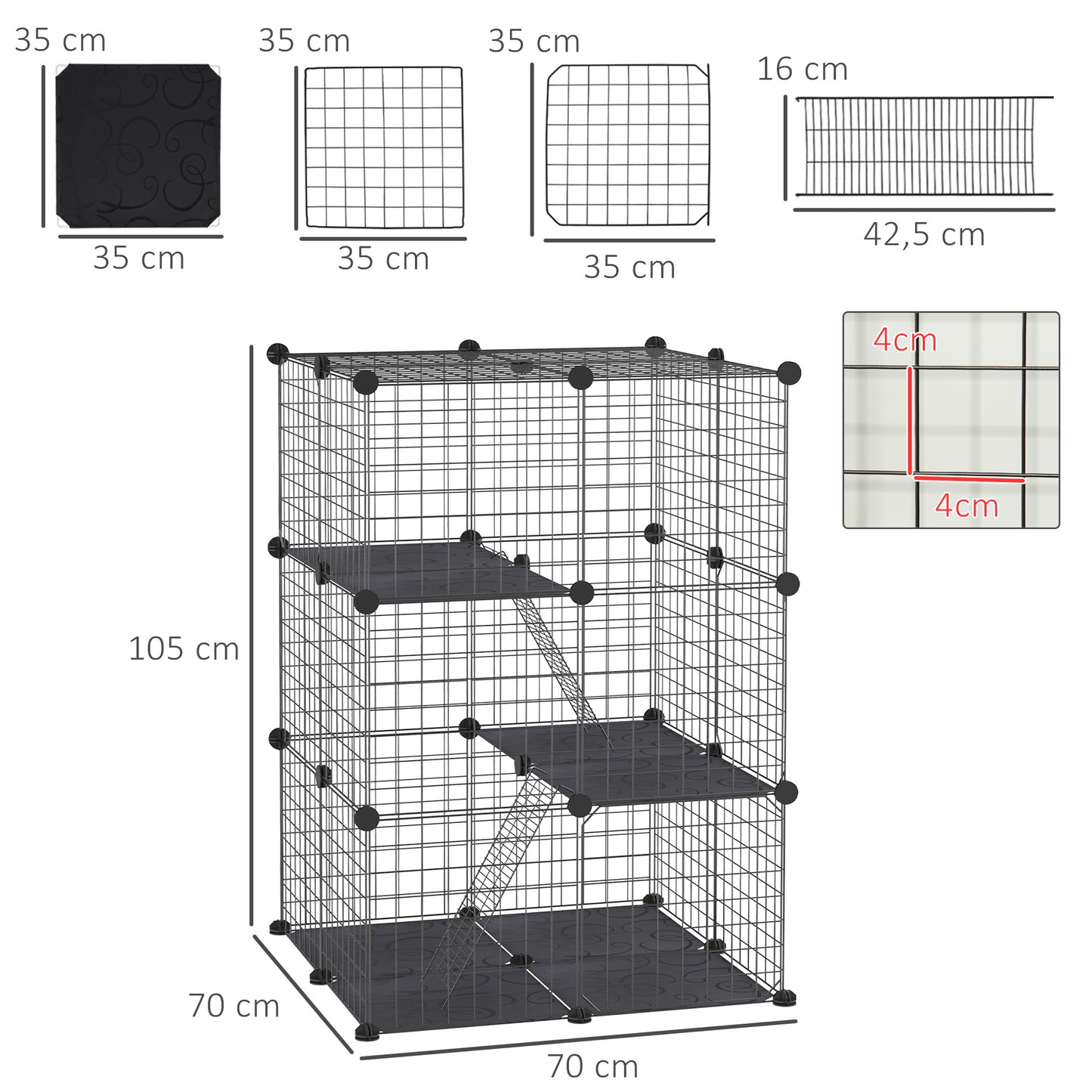 PawHut Recinto para Animais de Estimação de 3 Níveis Parque para Animais de Estimação com Rampas e Desenho Personalizável para Cobaias Chinchilas 70x70x105 cm Preto