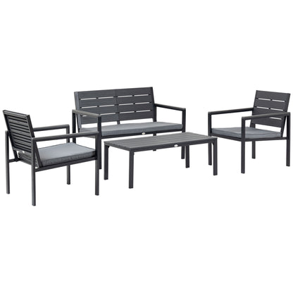 Outsunny Conjunto de Móveis de Jardim 4 Peças Mesa de Centro Banco 2 Lugares e 2 Poltronas com Almofadas Amovíveis e Estrutura de Aço para Terraço Exterior 113x65x78cm Cinza