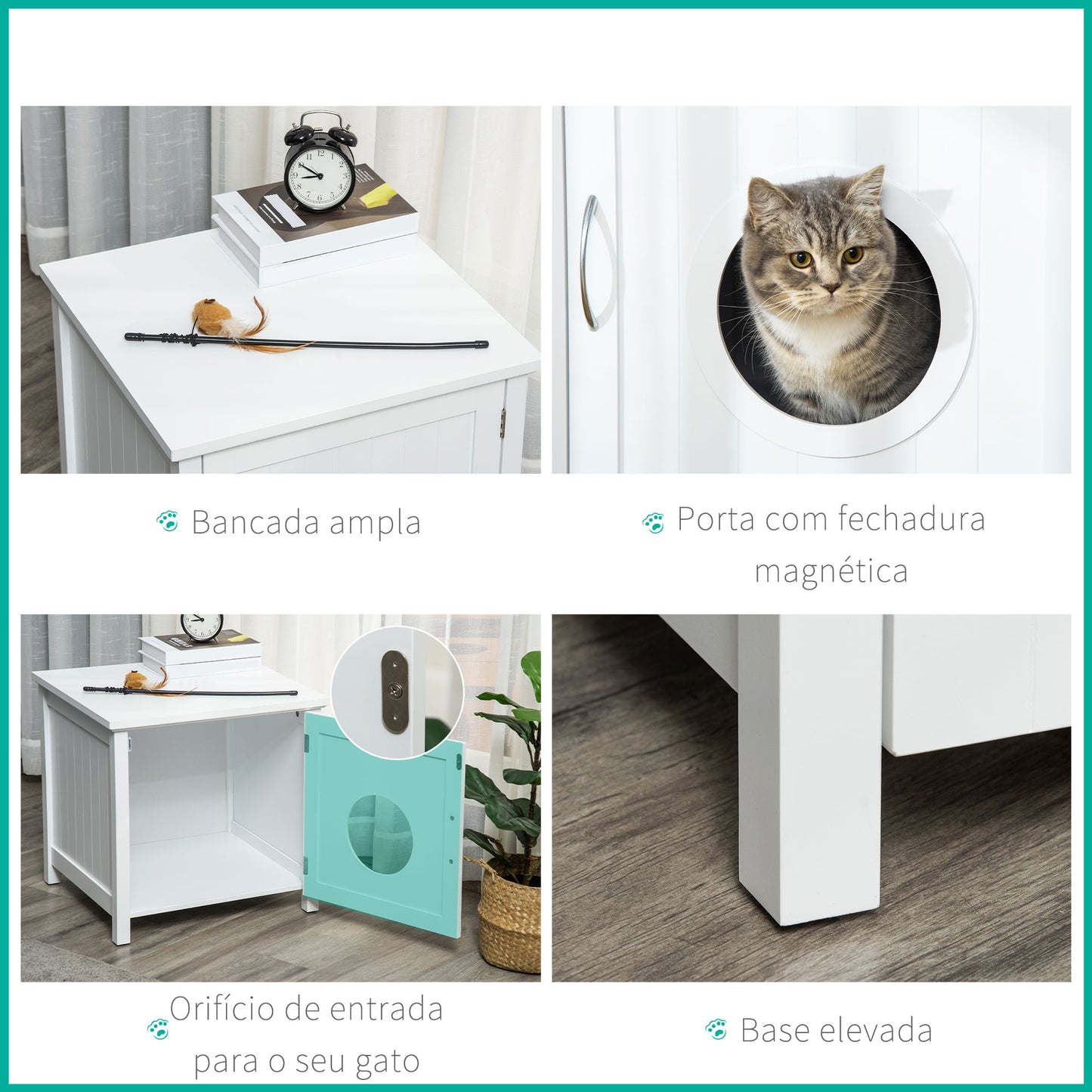 PawHut Casa para Gatos de Madeira Móvel para Caixa de Areia para Gatos 2 em 1 com Armário de Armazenamento Bancada Ampla Porta com Orifício de Entrada 51,5x48,2x51cm Branco