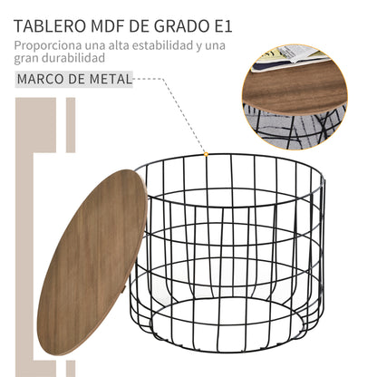 HOMCOM Conjunto de 2 Mesas Auxiliares Empilháveis Mesa de Centro Industrial com Tampa Removível e Cesta de Metal para Sala de Estar Ø50x41cm e Ø40x36,5cm Madeira e Preto