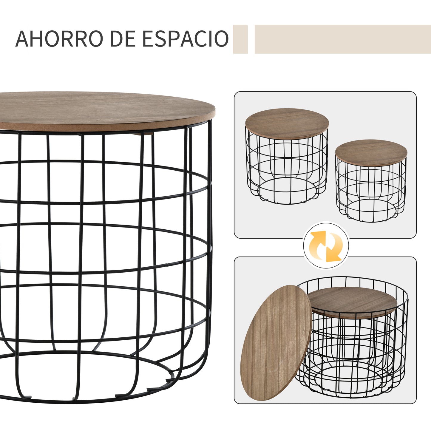 HOMCOM Conjunto de 2 Mesas Auxiliares Empilháveis Mesa de Centro Industrial com Tampa Removível e Cesta de Metal para Sala de Estar Ø50x41cm e Ø40x36,5cm Madeira e Preto