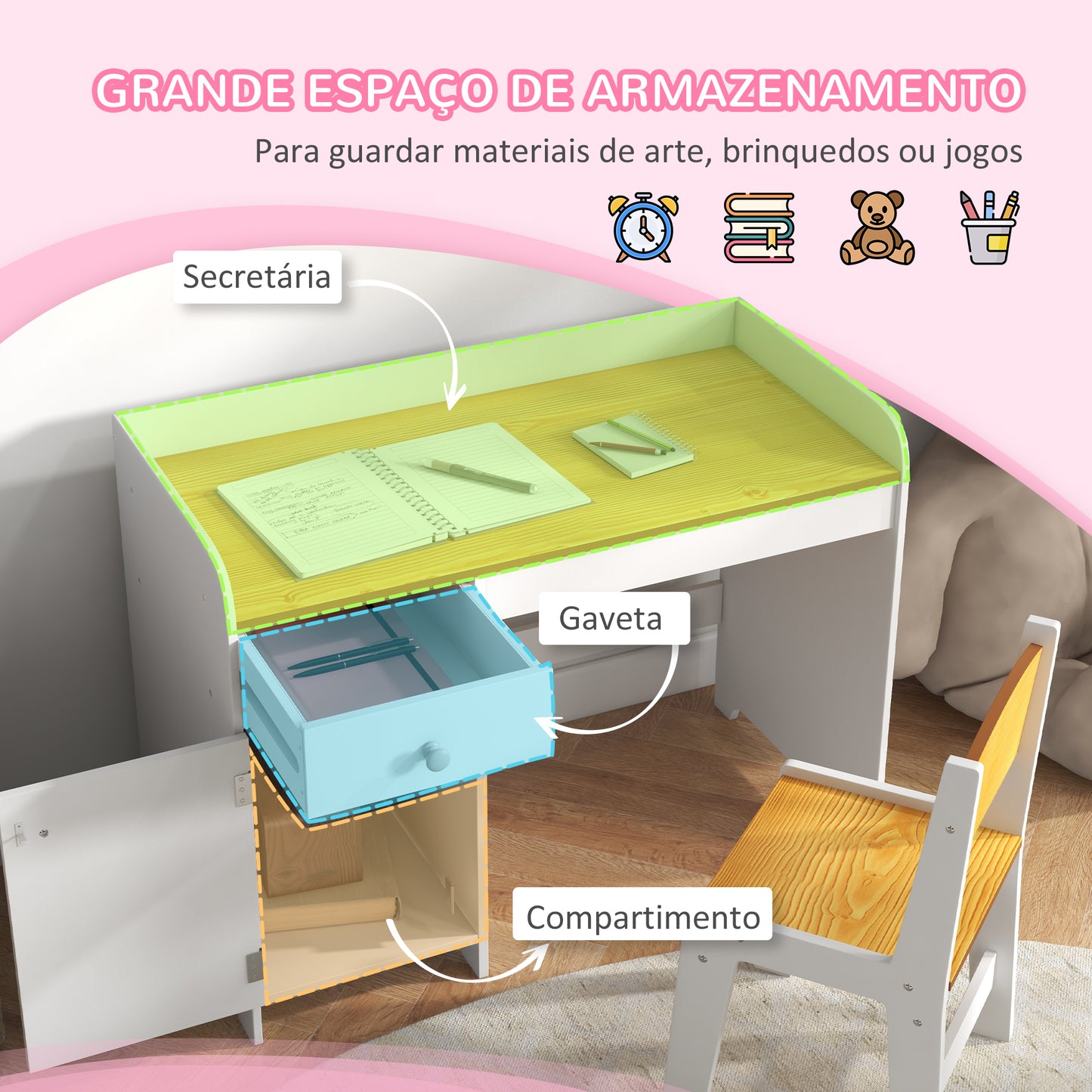 ZONEKIZ Conjunto de Secretária e Cadeira para Crianças Secretária Infantil com Cadeira Conjunto Infantil de 2 Peças com Gaveta e Armário para Quarto Sala Branco e Natural