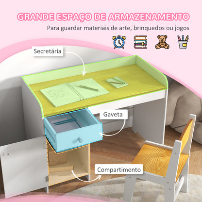 ZONEKIZ Conjunto de Secretária e Cadeira para Crianças Secretária Infantil com Cadeira Conjunto Infantil de 2 Peças com Gaveta e Armário para Quarto Sala Branco e Natural