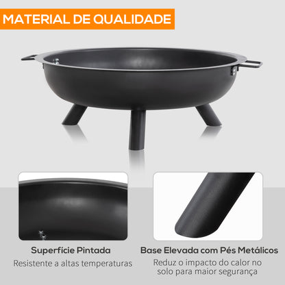 Outsunny Braseiro Exterior 79x69x25,5cm com Tigela com Alças de Transporte Atiçador 3 Pés e Estrutura de Aço para Fogueiras Lenhas Terraço Jardim ao Ar Livre Preto