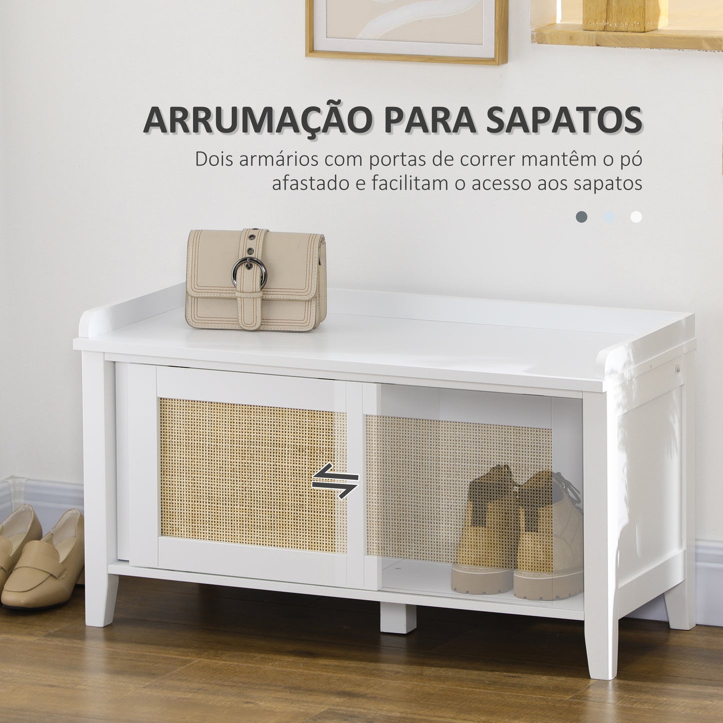 HOMCOM Banco Sapateira Móvel Sapateira com Banco 2 Portas de Vime Estilo Boémio Carga Máxima 130 kg para Corredor Entrada 80x35x45 cm Branco e Bege