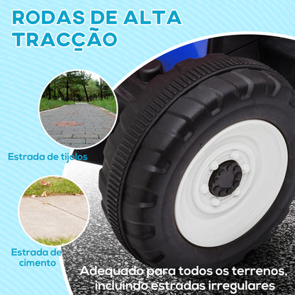 HOMCOM Trator Elétrico com Reboque Amovível Carro Elétrico para Crianças 3-6 Anos com Controlo Remoto Música MP3 Luzes e Cinto de Segurança 136,5x50x52,5 cm Azul